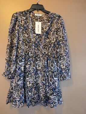 Color Block Womens Black & Blue Paisley V-Neck Dress